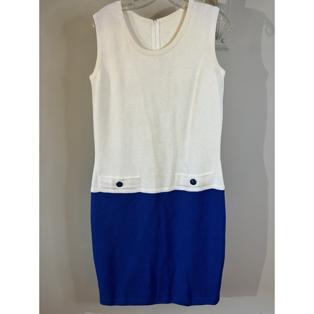 ST JOHN COLLECTION Blue & White Santana Knit Dress 8 Vintage Classic‎